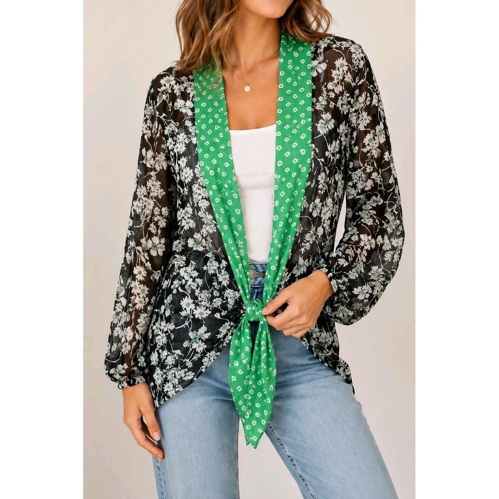 Cato XL Sheer Floral Tie Front Cardigan Kimono Open Front Mesh Black Green